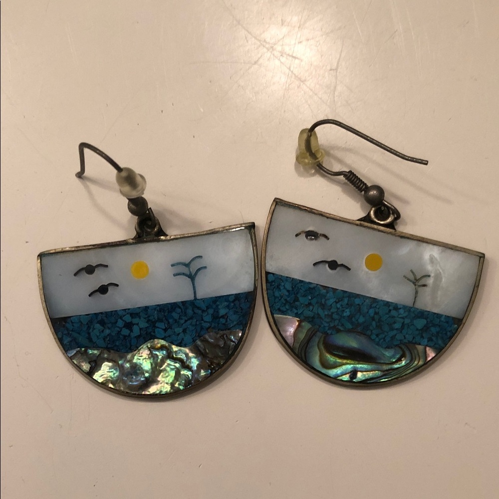 Artistic Half-Moon Earrings in Blue and White
